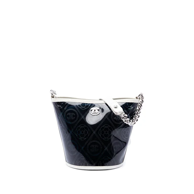 Black Chanel Small PVC and Crumpled Calfskin Camellia Coco Bucket Bag in Black Calfskin from Designer Revival