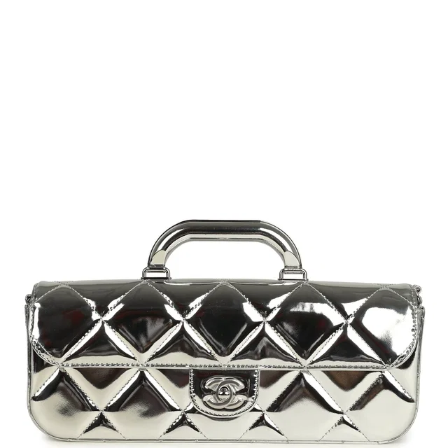 Chanel Large Top Handle Long Flap Bag in Silver Calfskin from Madison Avenue Couture