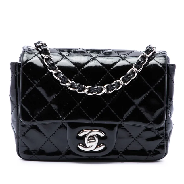 Black Chanel Mini Square Classic Patent Single Flap Crossbody Bag in Black Patent leather from Designer Revival