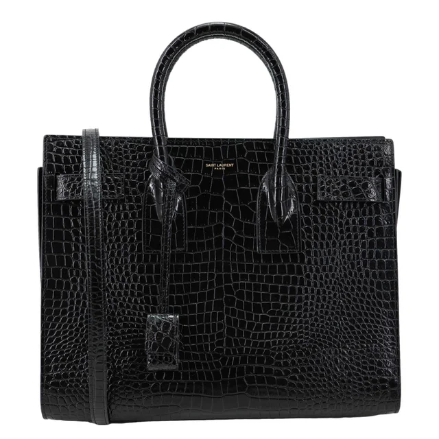 Saint Laurent Sac De Jour Croc Embossed Leather Tote Bag Black in Black Crocodile from Dallas Designer Handbags