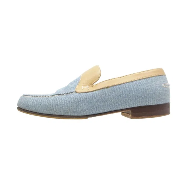 Hermès Loafers Denim Stitch Leather Trim Slip Ons Shu Round Toe Blue in Blue Denim from The Reluxe
