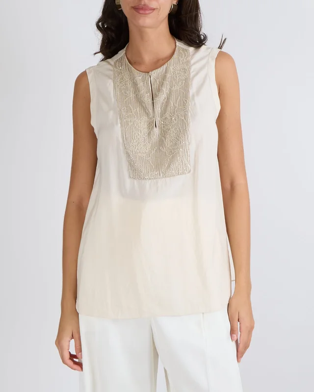 Brunello Cucinelli Cream Silk Sleeveless Top with Sequin Embellished Panel Detail Size M (UK 10) in White Silk from Sellier, photo 2 of 2