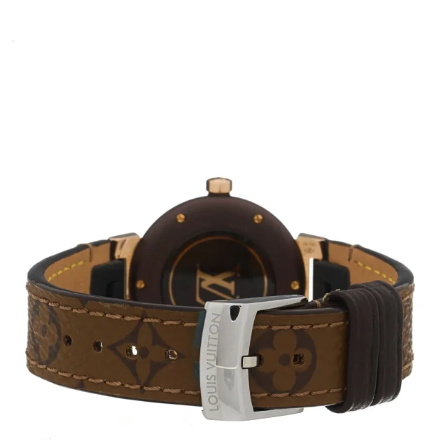 Louis Vuitton Stainless Steel 18K Rose Gold Monogram 28mm Tambour Quartz Watch Brown in Brown from FASHIONPHILE, photo 3 of 5
