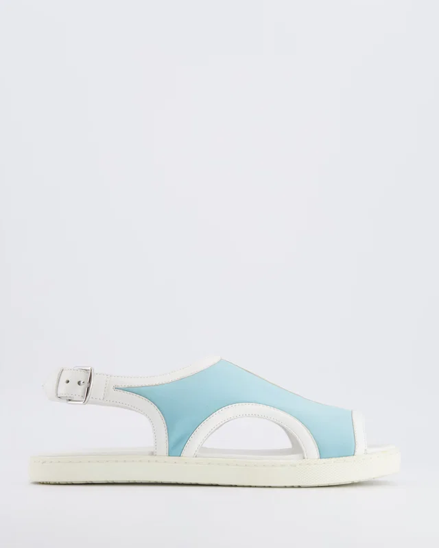 Hermès White Leather and Light Blue Canvas Sandals with Palladium Buckle Size 38 in White Canvas from Sellier