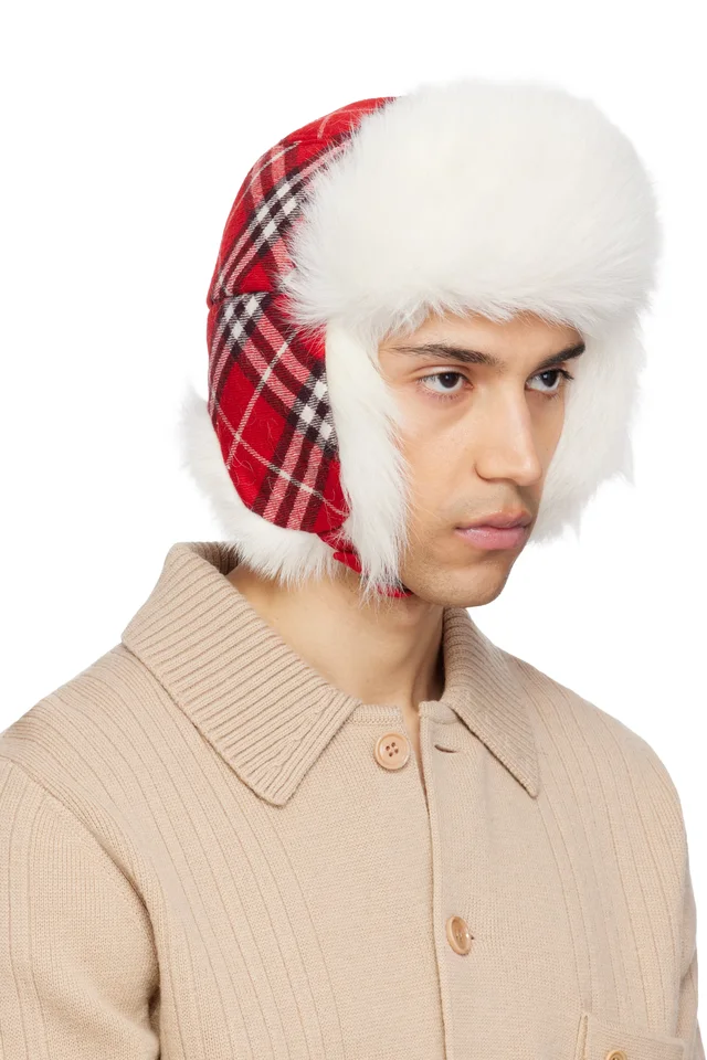 Burberry Red & Off-White Check Wool Trapper Hat, photo 2 of 3 from SSENSE