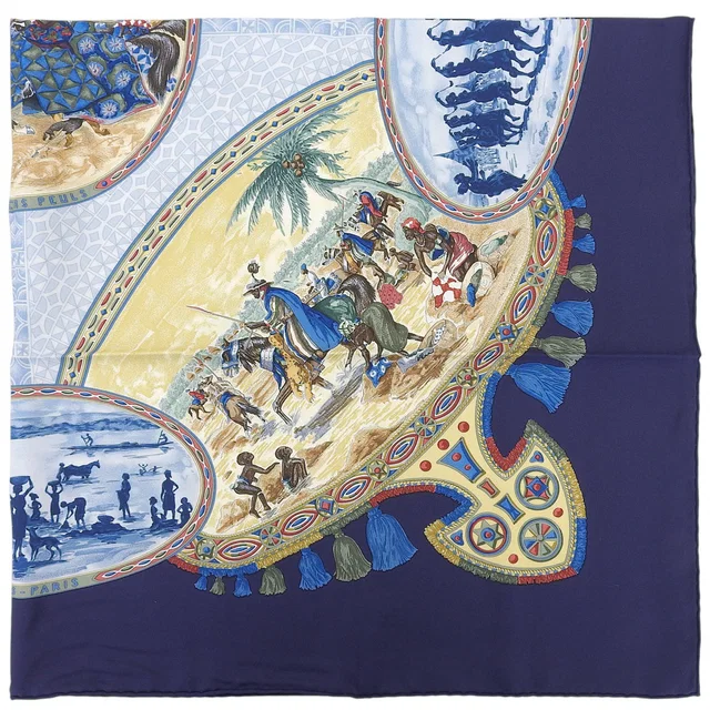 Hermès Carre 90 CAVALIERS PEULS Scarf Navy/Yellow in Navy Silk from VINTAGE QOO TOKYO