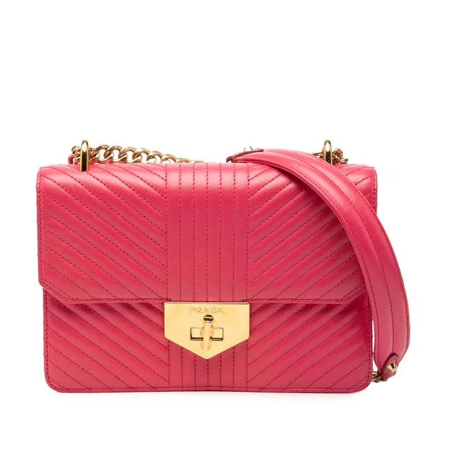 Pink Prada Soft Calf Chevron Impunture Turn Lock Chain Crossbody in Pink Leather from Designer Revival
