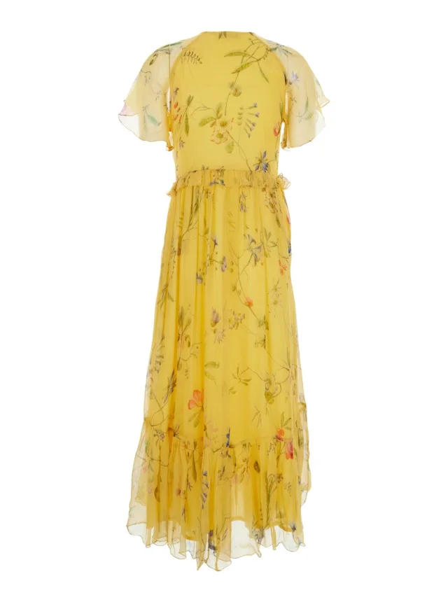 DERHY 'Madrugada' Yellow Long Dress with All-Over Floral Motif and Fringes on the Front in Viscose for Women in Yellow 100% Viscose, photo 3 of 6 from Gaudenzi Boutique