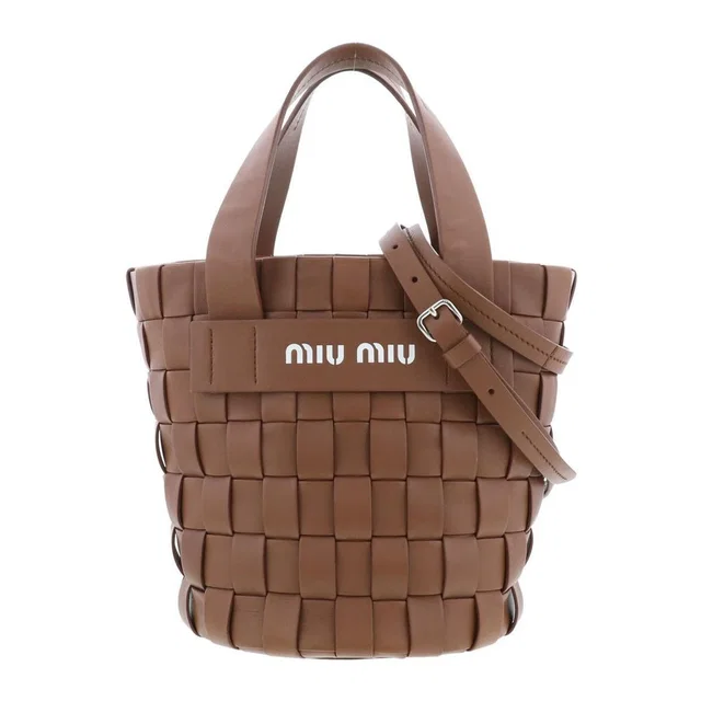 Miu Miu Intreccio Shoulder Bag Tote Leather Woven Brown in brown|red Woven leather from Poshmark