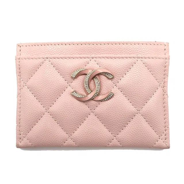 Chanel Ten Pass Case Card Case Pink Caviar Leather CC Logo Rhinestone in Pink Caviar leather from The Reluxe