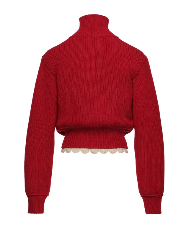 Magda Butrym Cinched wool cardigan with high collar and lace trim in red, photo 2 of 3 from SENSER