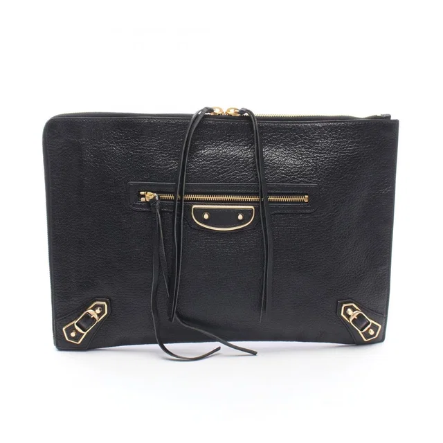 Balenciaga Clutch Classic Metallic Edge Black Leather in Black Leather from The Reluxe