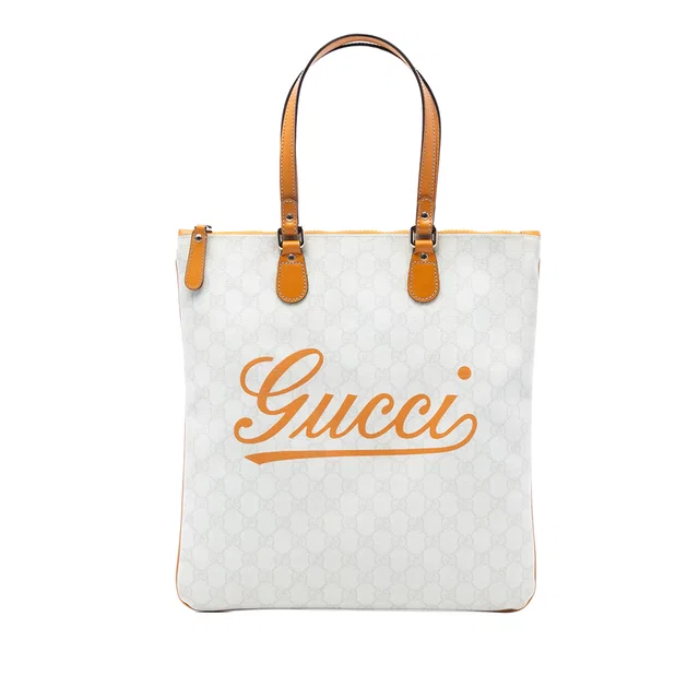 White Gucci GG Supreme Heritage Logo Tote in White Leather from Designer Revival