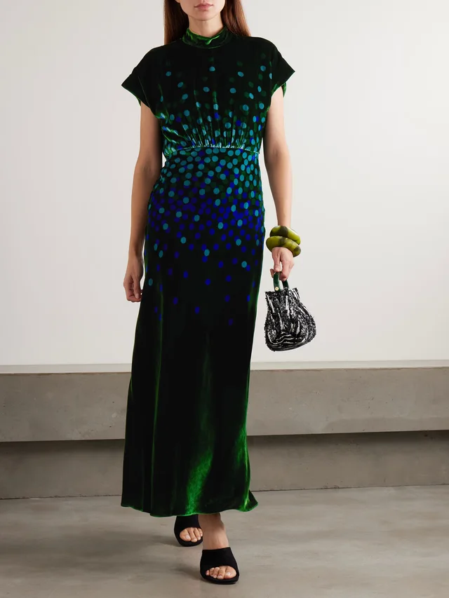 SALONI Fabienne gathered printed velvet midi dress in Green, photo 2 of 2 from NET-A-PORTER (Canada)