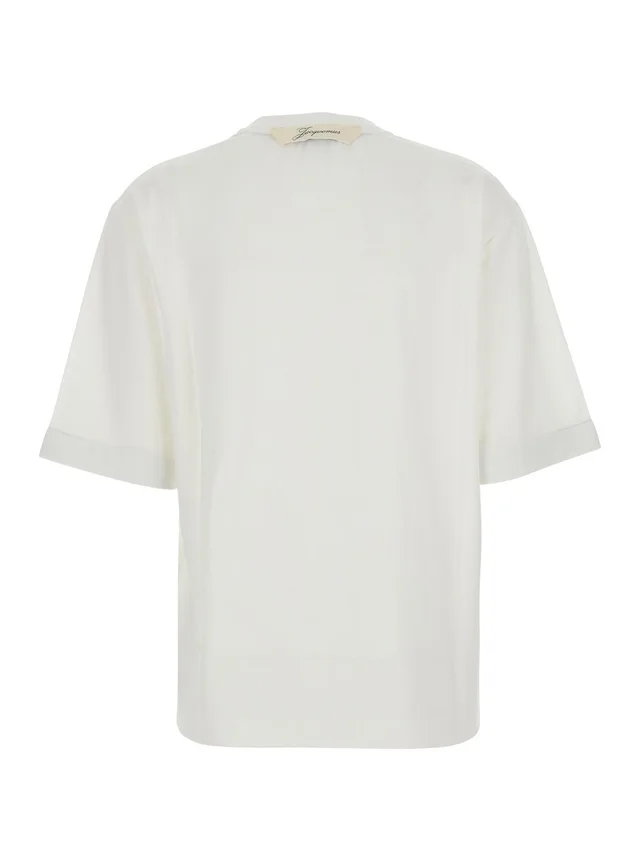 JACQUEMUS 'LE TSHIRT VENTADOU' White Crew neck T-shirt with gros grain logo on the back in fabric for women in White 57% Paper 43% Polyester, photo 4 of 6 from Gaudenzi Boutique
