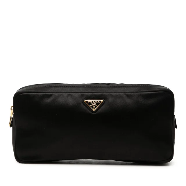 Black Prada Satin Multi Zip Pouch Clutch Bag in Black Satin from Designer Revival