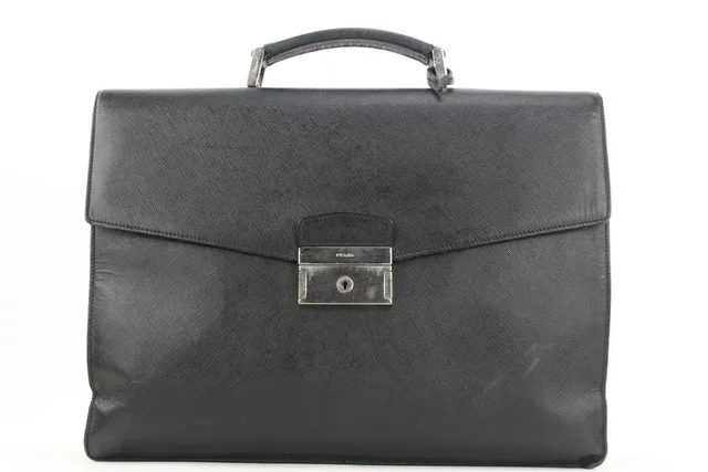 Prada Black Saffiano Briefcase Bag Attache in Black Saffiano leather from Bagriculture