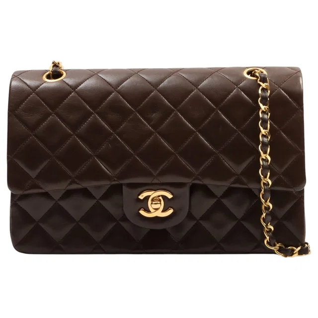 Chanel Classic Flap Chain Bag 25cm (circa 1985-1990), Brown in Brown Lambskin from VINTAGE QOO TOKYO
