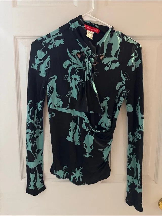 Christian Lacroix Black And Teal Figure-Print Long Sleeve Wrap Blouse in green|black from Poshmark