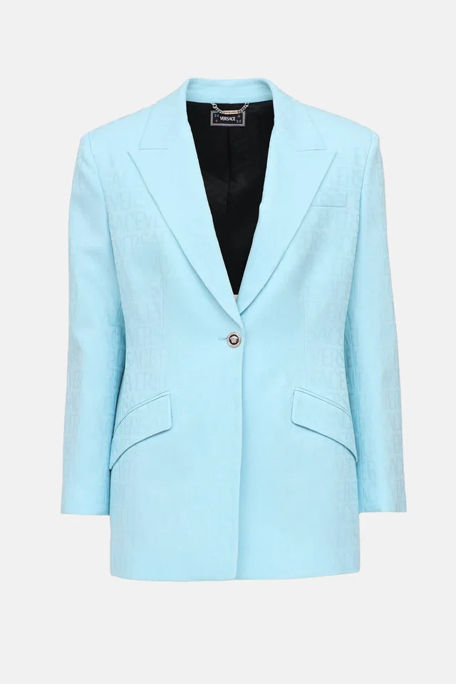 Versace Jacquard Logo Text Blazer in Wool from VSP Consignment