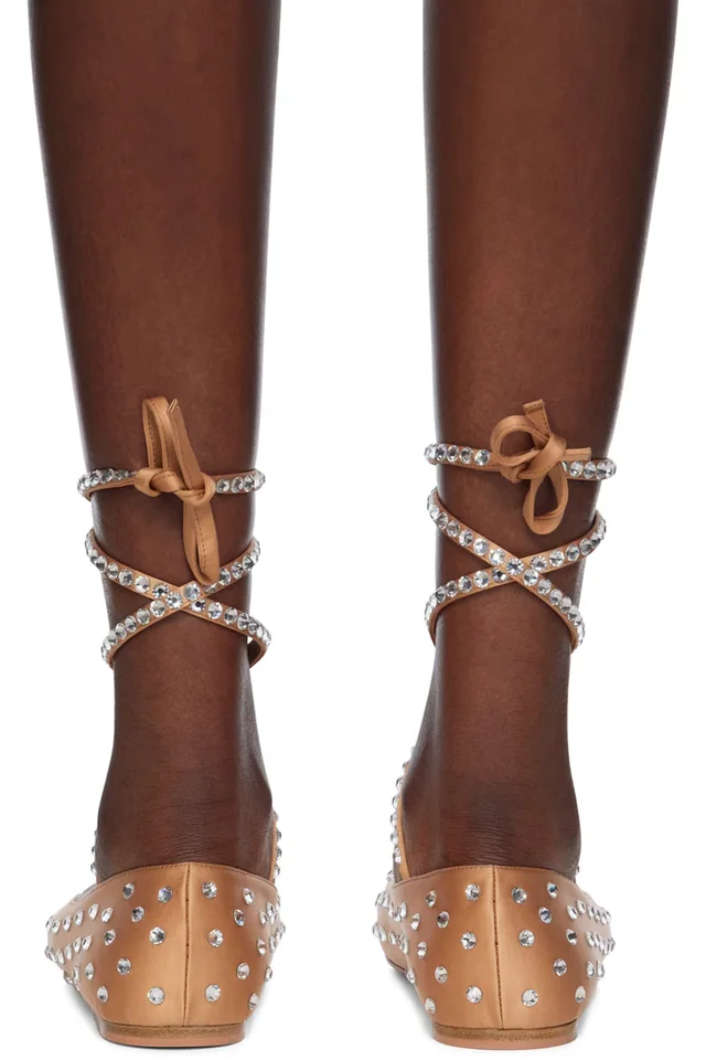 Amina Muaddi Beige Ane Crystal Lace Up Ballerina Flats, photo 2 of 5 from SSENSE