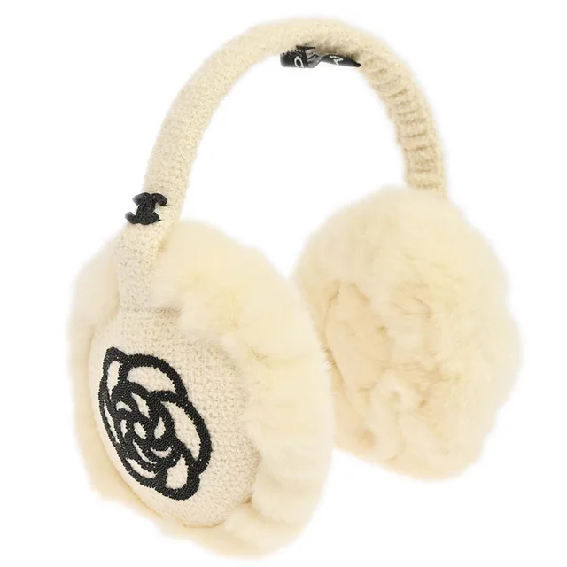 Chanel White Lapin Fur Earmuffs Small Good in White Wool from AMORE Vintage Tokyo