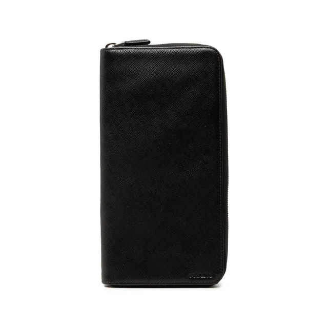 Black Prada Saffiano Zip Around Long Wallet in Black Saffiano leather from Designer Revival