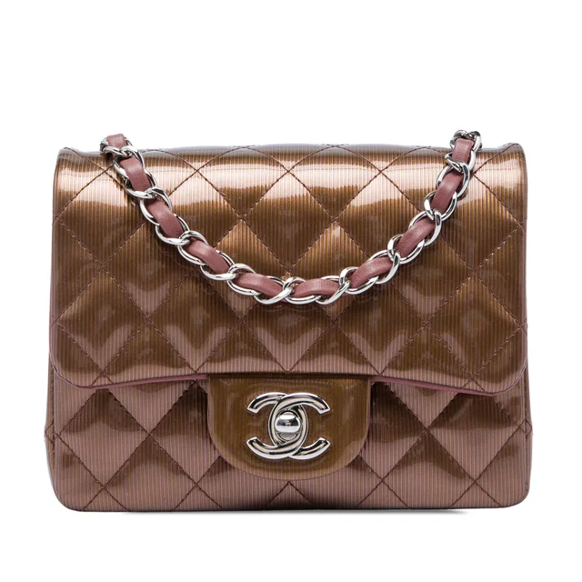 Brown Chanel Mini Square Classic Metallic Striped Patent Single Flap Shoulder Bag in Brown Patent leather from Designer Revival