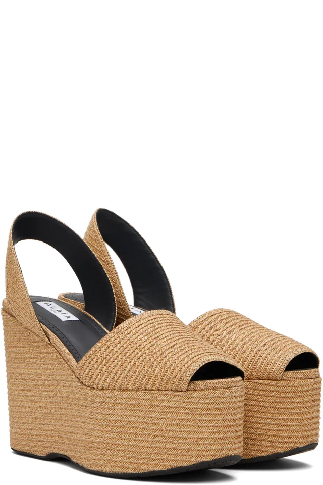 ALAÏA Beige Wedge Paper Straw Heeled Sandals, photo 4 of 4 from SSENSE