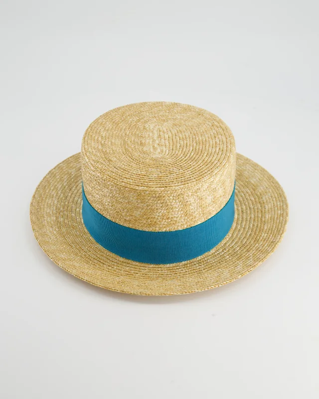 Prada Raffia Woven Hat with Teal Ribbon Detail Size L in Beige Woven leather from Sellier, photo 3 of 7
