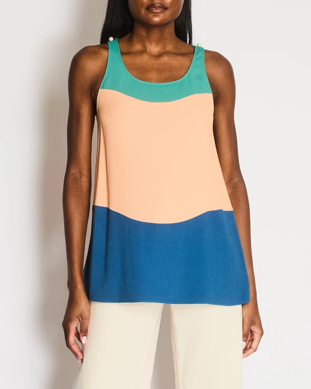 Chanel 14P Teal, Orange and Blue Sleeveless Top with White CC Logo Pearl Details Size FR 36 (UK 8) in White from Sellier