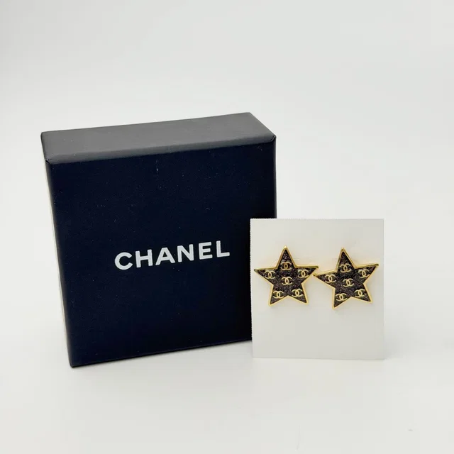 Chanel Star CC Logo Earrings Plated Gold Black Vintage in Black from The Reluxe