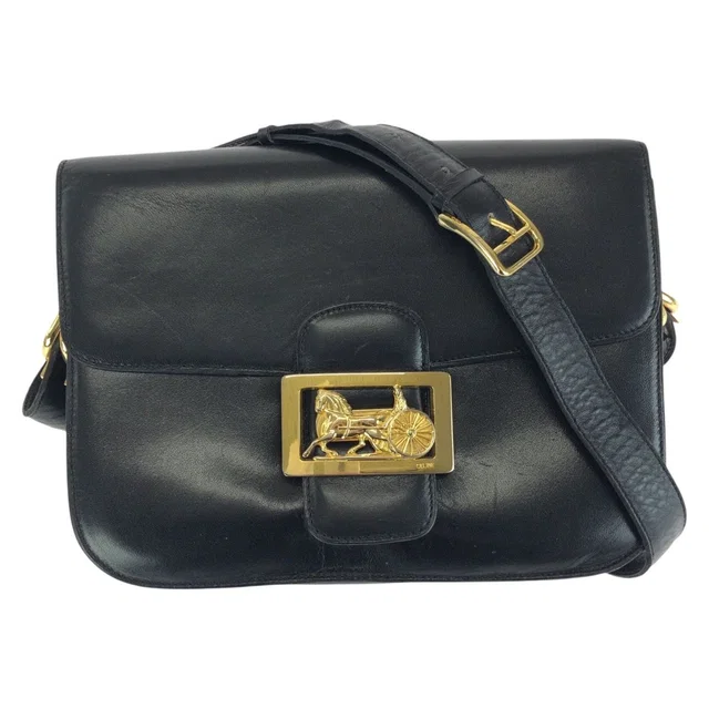Celine Vintage Horse Carriage Black Gold Leather Shoulder Bag in Black Leather from The Reluxe
