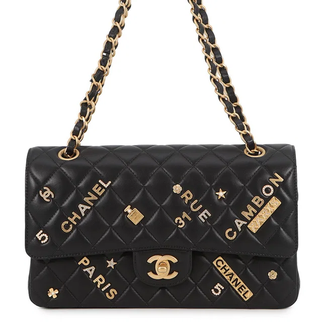 Chanel Matelasse Double Flap Icon Chain Shoulder Bag BlackA01112 Lambskin Size 25 in Lambskin from GALLERY RARE