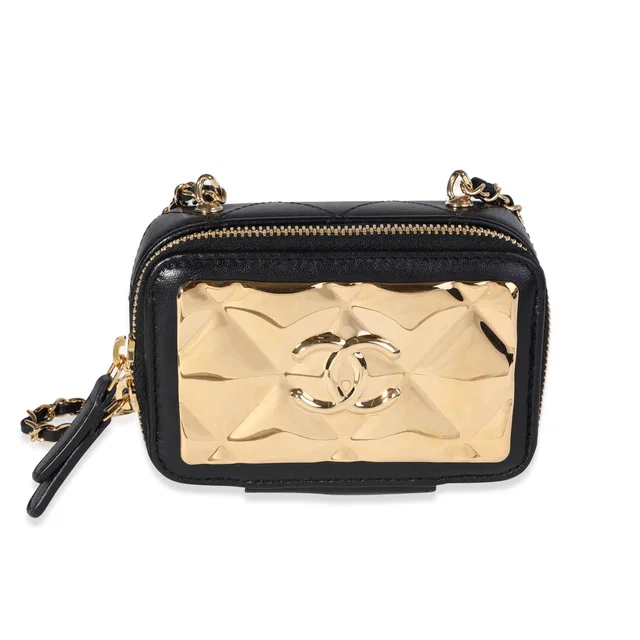 Chanel Gold Quilted Metal & Black Lambskin Mini Vanity Bag Leather Handbag in Black Lambskin from HEWI