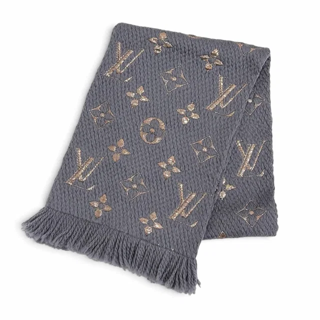 Louis Vuitton Logomania Scarf Shine Wool Silk Gray Monogram in Grey Silk from The Reluxe