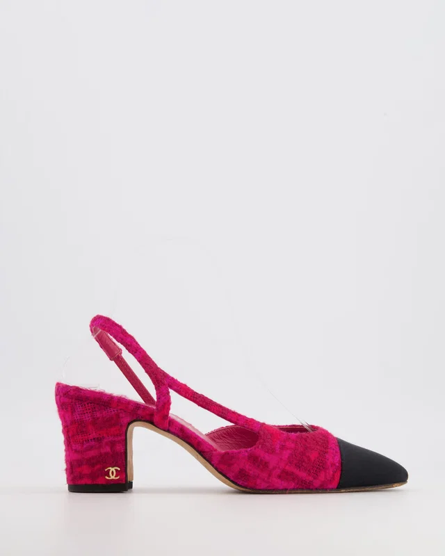 Chanel Hot Pink Tweed Slingbacks with Black Grosgrain Cap Toe and Gold CC Logo Detail Size EU 37.5 in Black Tweed from Sellier