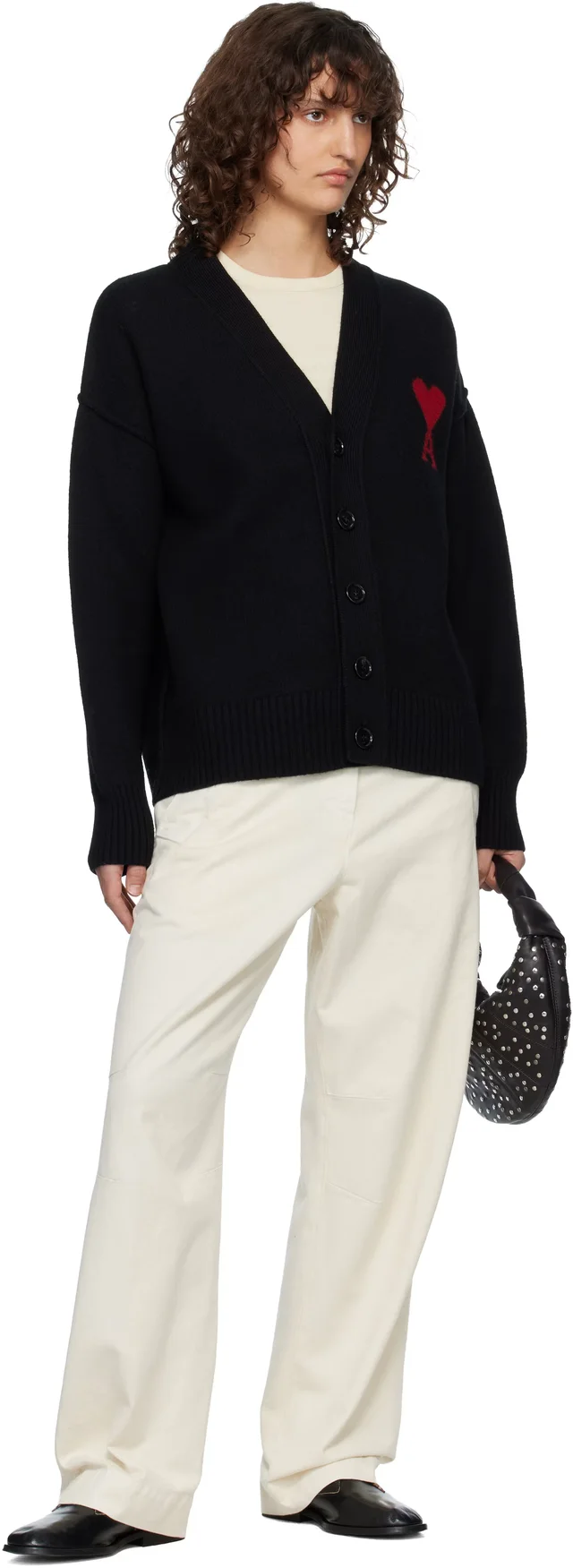 AMI Paris Black Wool Ami de Coeur Cardigan, photo 4 of 8 from SSENSE