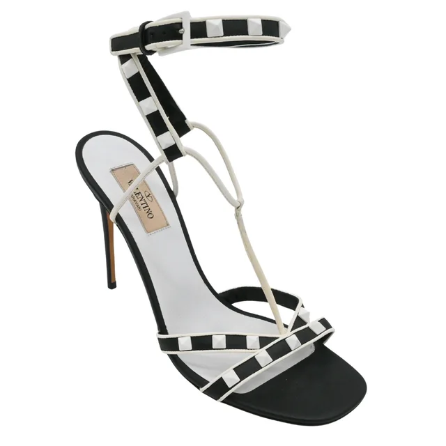 Valentino Garavani Rockstud Colorblock Leather T-Strap Heeled Sandals in Leather from Clotheshorse Anonymous