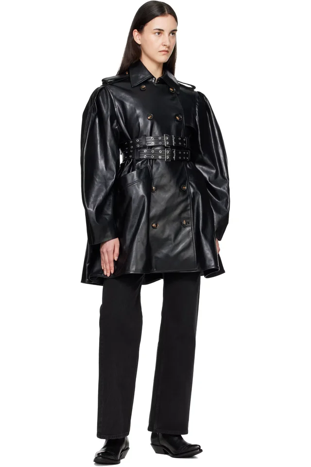 GANNI Black Peplum Recycled Leather Trench Coat, photo 4 of 4 from SSENSE