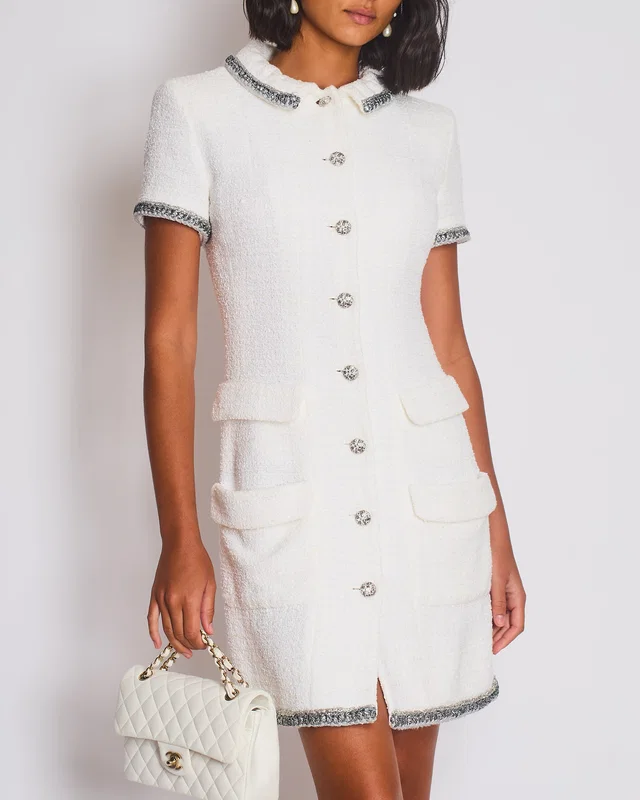HOT* Chanel 20S White Tweed Short-Sleeve Mini Dress with Silver Buttons and Embellishments… in White Tweed from Sellier