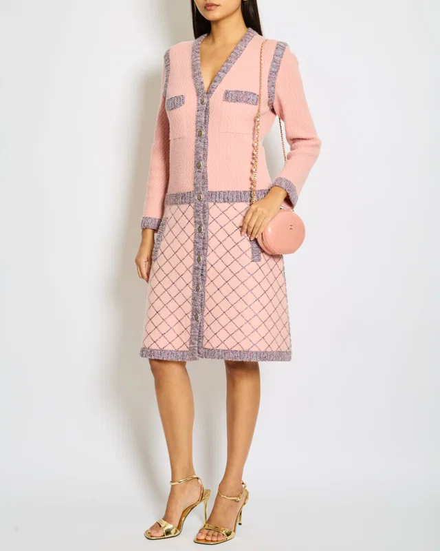 Chanel 15/A Pink Long Sleeve Knitted Dress with Pockets and Navy Blue Stripes and Camellia Logo… in Navy Silk from Sellier