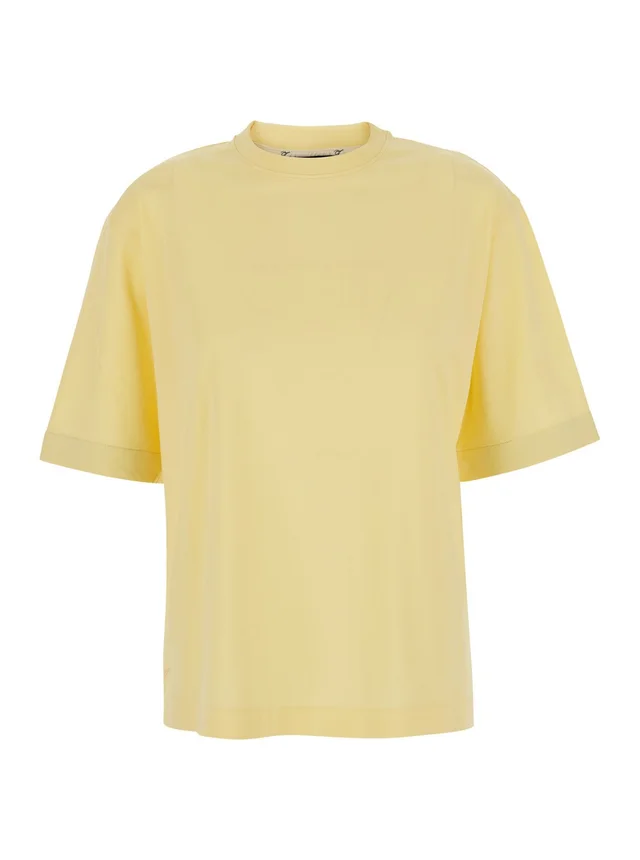 JACQUEMUS 'LE TSHIRT VENTADOU' yellow T-shirt crew neck with gros grain logo on the back in tech fabric for women in Yellow 57% Paper 43% Polyester, photo 2 of 6 from Gaudenzi Boutique