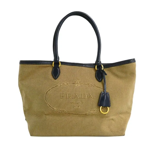 Prada Logo Jacquard Tote Bag Beige Navy Shoulder Canvas Leather in Beige Canvas from The Reluxe