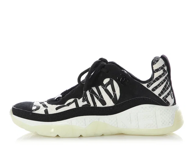Chanel Black and White Graphic Logo Sneakers in Black Suede from Ann's Fabulous Finds