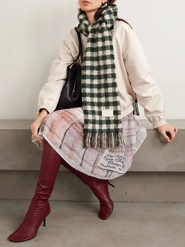 ACNE STUDIOS Fringed leather-trimmed checked brushed-knit scarf in Green, photo 2 of 2 from NET-A-PORTER (Canada)