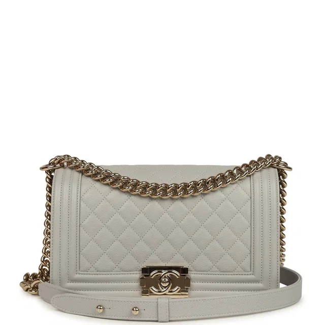 Chanel Medium Boy Bag Light Grey Caviar Light Gold Hardware in Grey Caviar leather from Madison Avenue Couture