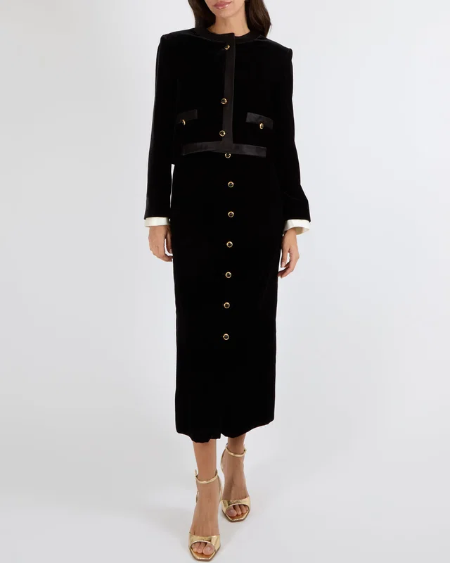 Miu Miu Black Velvet Cropped Jacket with Silk Trims and Black and Gold Buttons with Back Logo Detail… in Black Velvet from Sellier