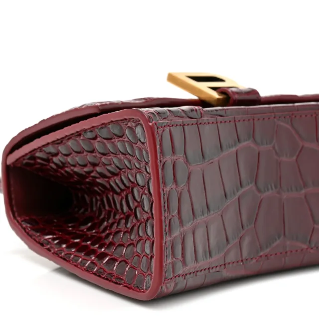 Balenciaga Shiny Calfskin Crocodile Embossed Hourglass Top Handle Bag XS Dark Red in Red Calfskin from FASHIONPHILE, photo 10 of 12