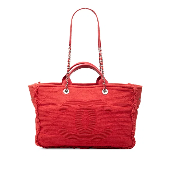 Red Chanel Medium CC Quilted Canvas Double Face Deauville Tote Satchel in Red Canvas from Designer Revival